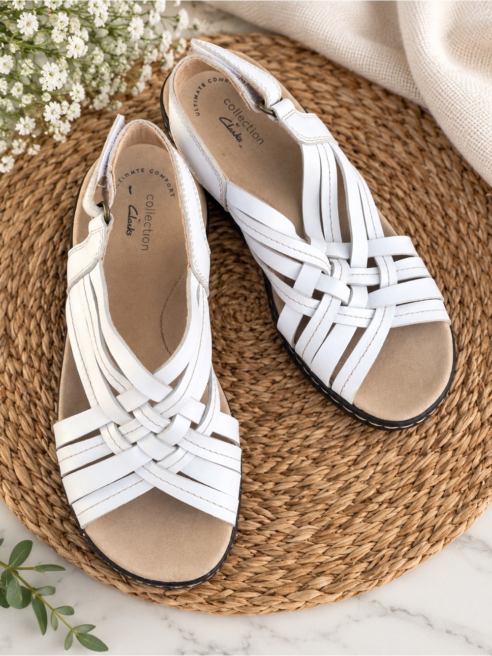 Clarks White Woven Leather Slingback Sandals